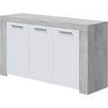 Bahut moderne blanc et gris ciment 144 x 42 x 80 cm, grande capacite pour salle a manger contemporaine