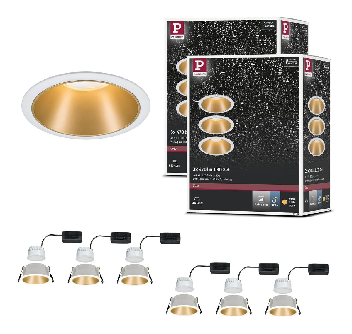 Solution lumineuse Blanc et Dore au dessin sobre en format spot de plafond IP44 2700K