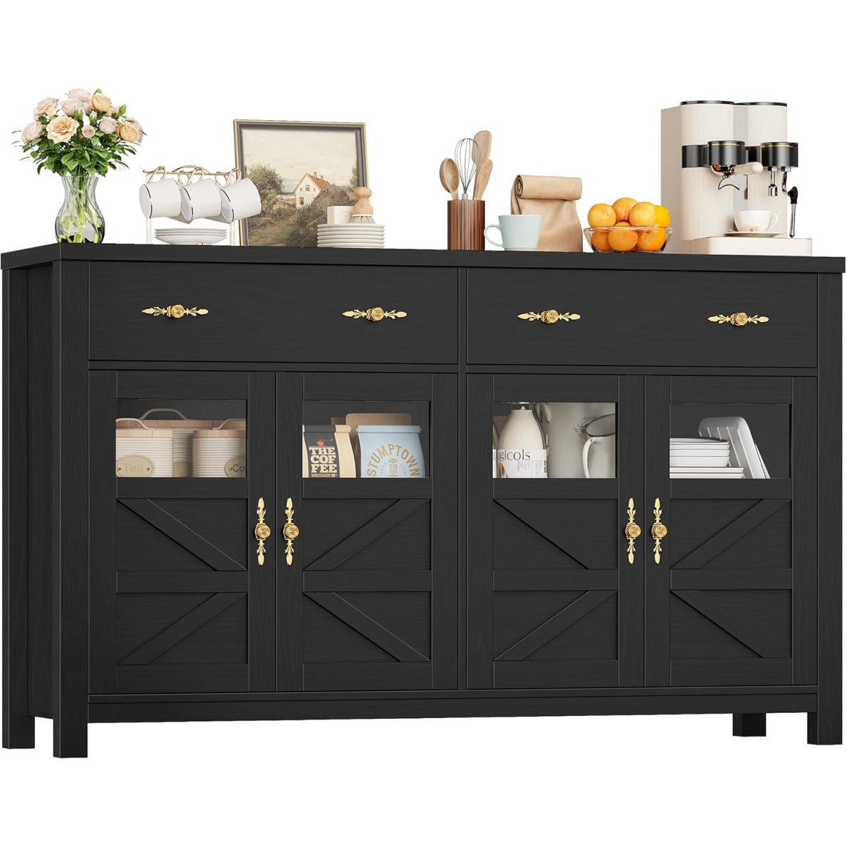 Meuble bas de cuisine 140 cm avec portes en verre, rangement pratique et apparence noire contemporaine