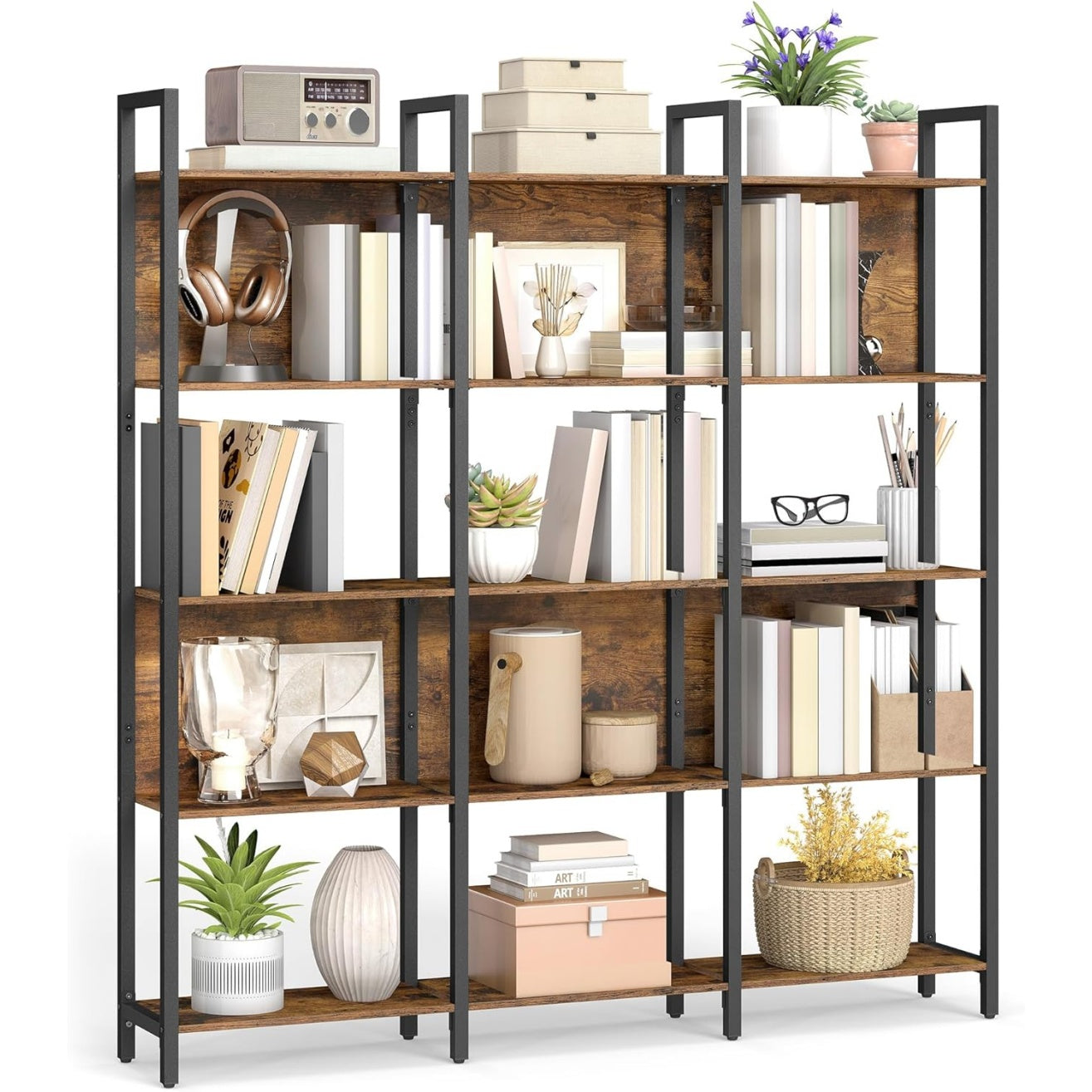 Bibliotheque industrielle cinq niveaux marron et noir, etagere polyvalente pour bureau salon ou chambre