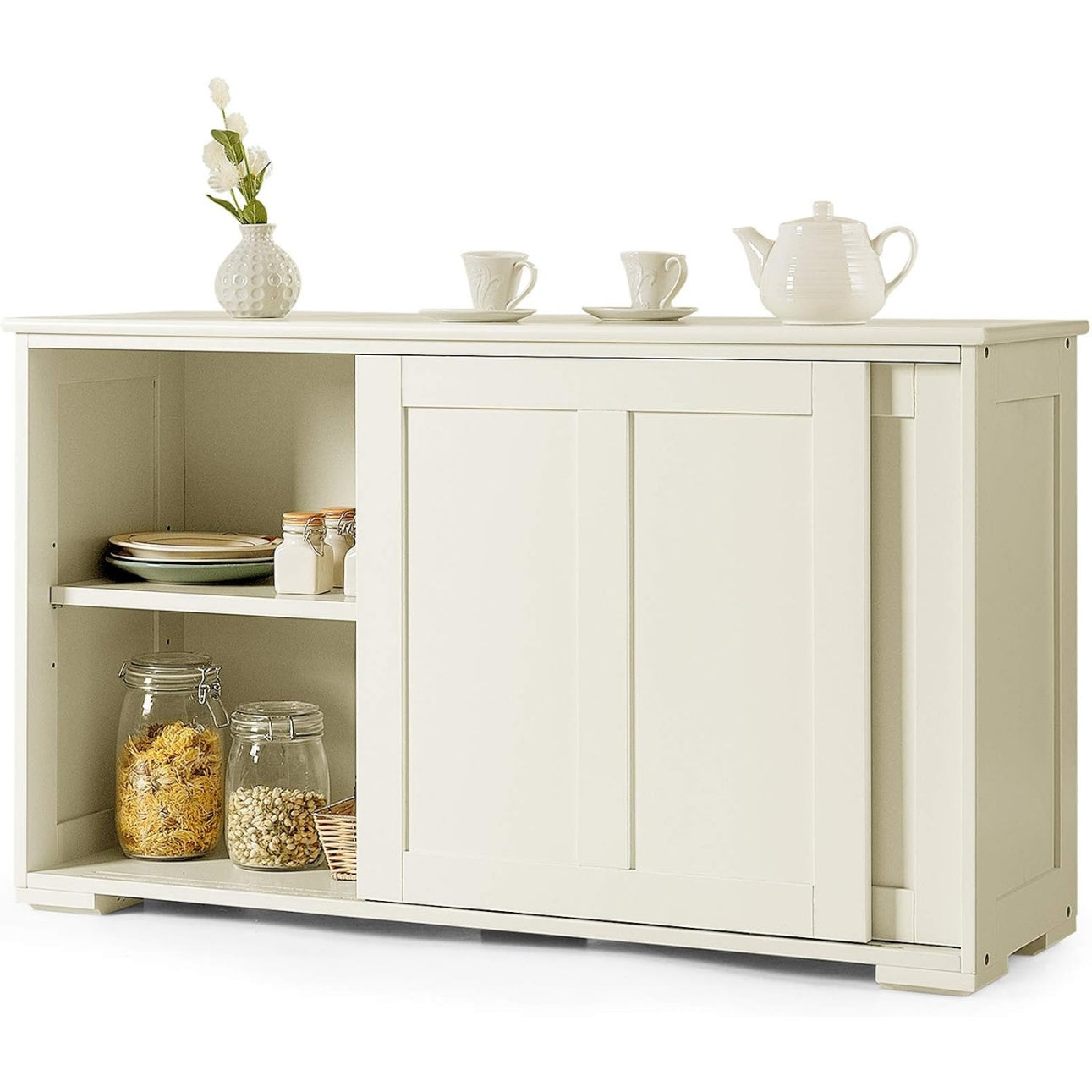 Meuble bas cuisine blanc 107 cm avec porte coulissante et etageres ajustables, rangement polyvalent pour maison ou bureau
