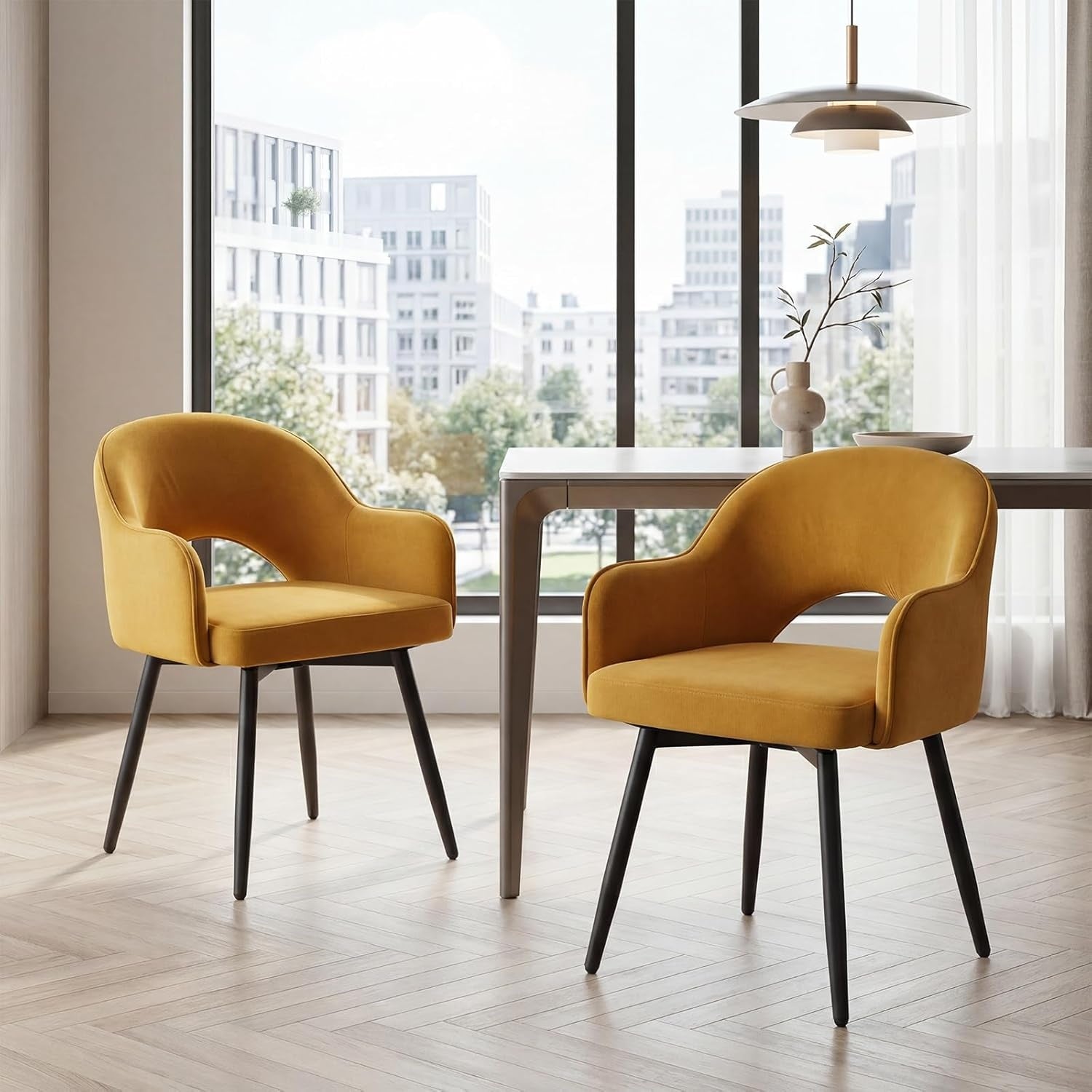 Lot de deux chaises pivotantes de cuisine avec assise confortable jaune, design moderne pour salle a manger