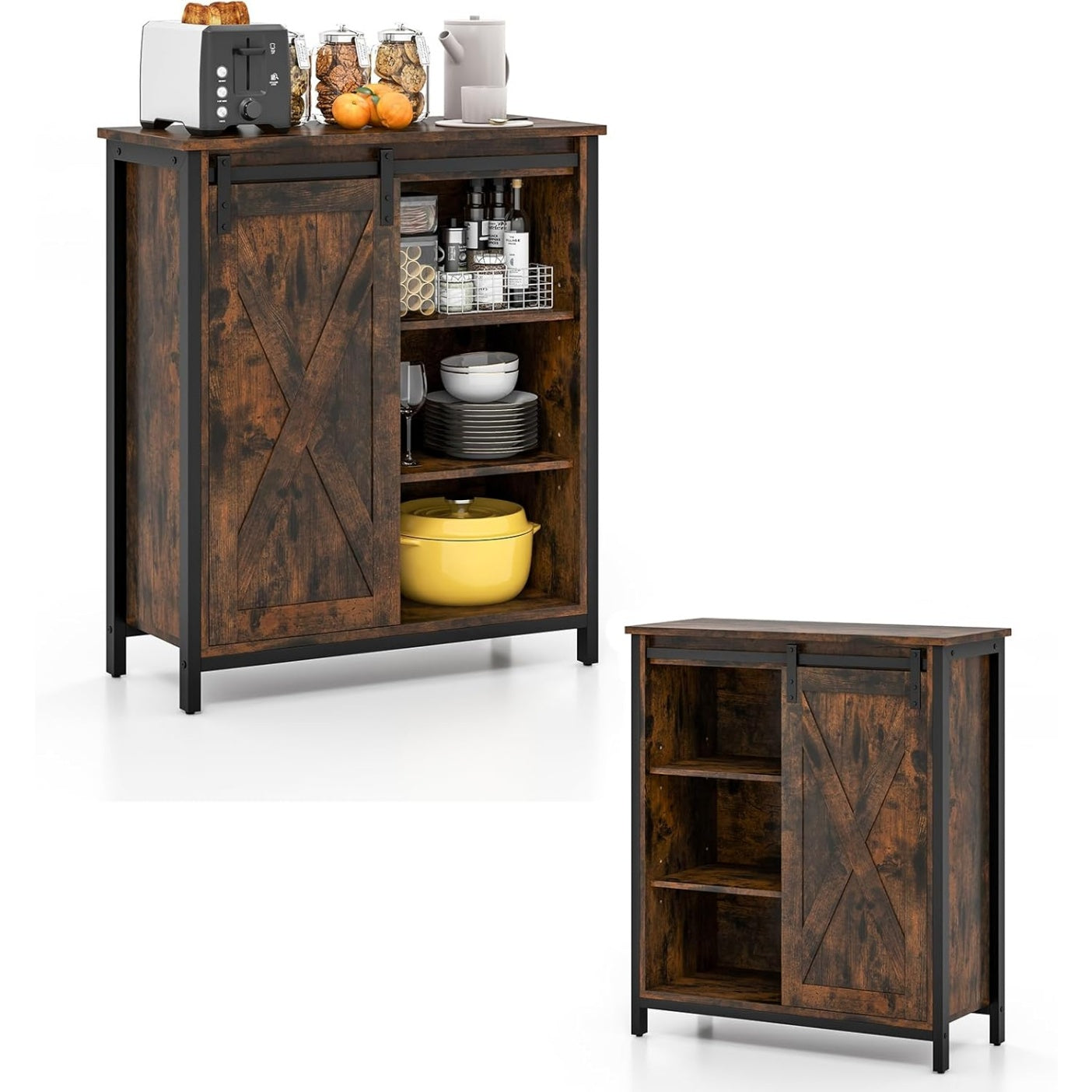 Meuble cuisine industriel avec porte coulissante style grange, six compartiments et etageres ajustables pour salle a manger
