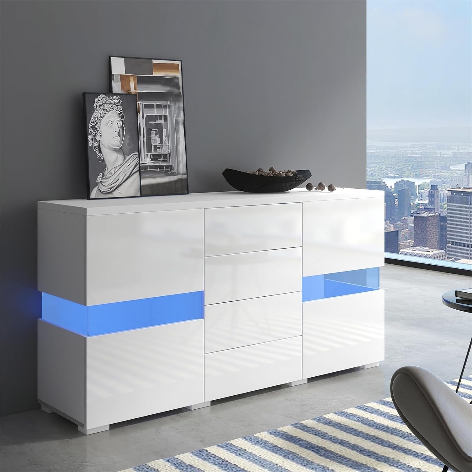 Rangement blanc brillant avec portes et tiroirs, meuble equipe d'un eclairage LED multicolore pour interieur moderne