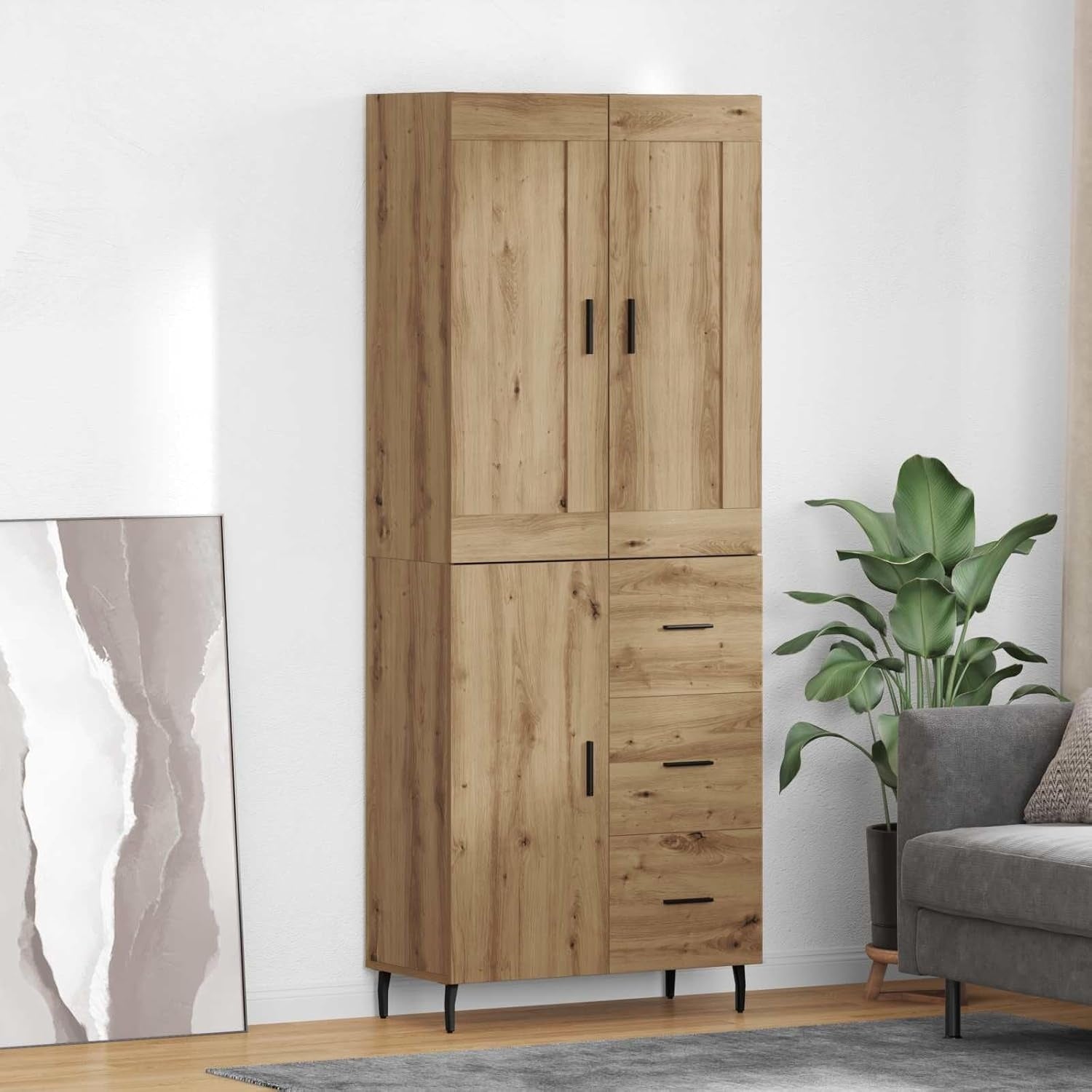Grande armoire en chene artisanal 69,5 x 34 x 180 cm avec tiroirs, ensemble de deux meubles avec vaste espace de stockage pour salon et salle a manger