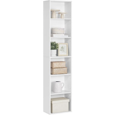 Bibliotheque blanche a six niveaux avec structure ouverte, meuble polyvalent pour salon bureau et salle a manger