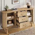 Meuble buffet cuisine 150 x 36,5 x 75 cm avec portes coulissantes, trois tiroirs et tablettes reglables, finition naturelle