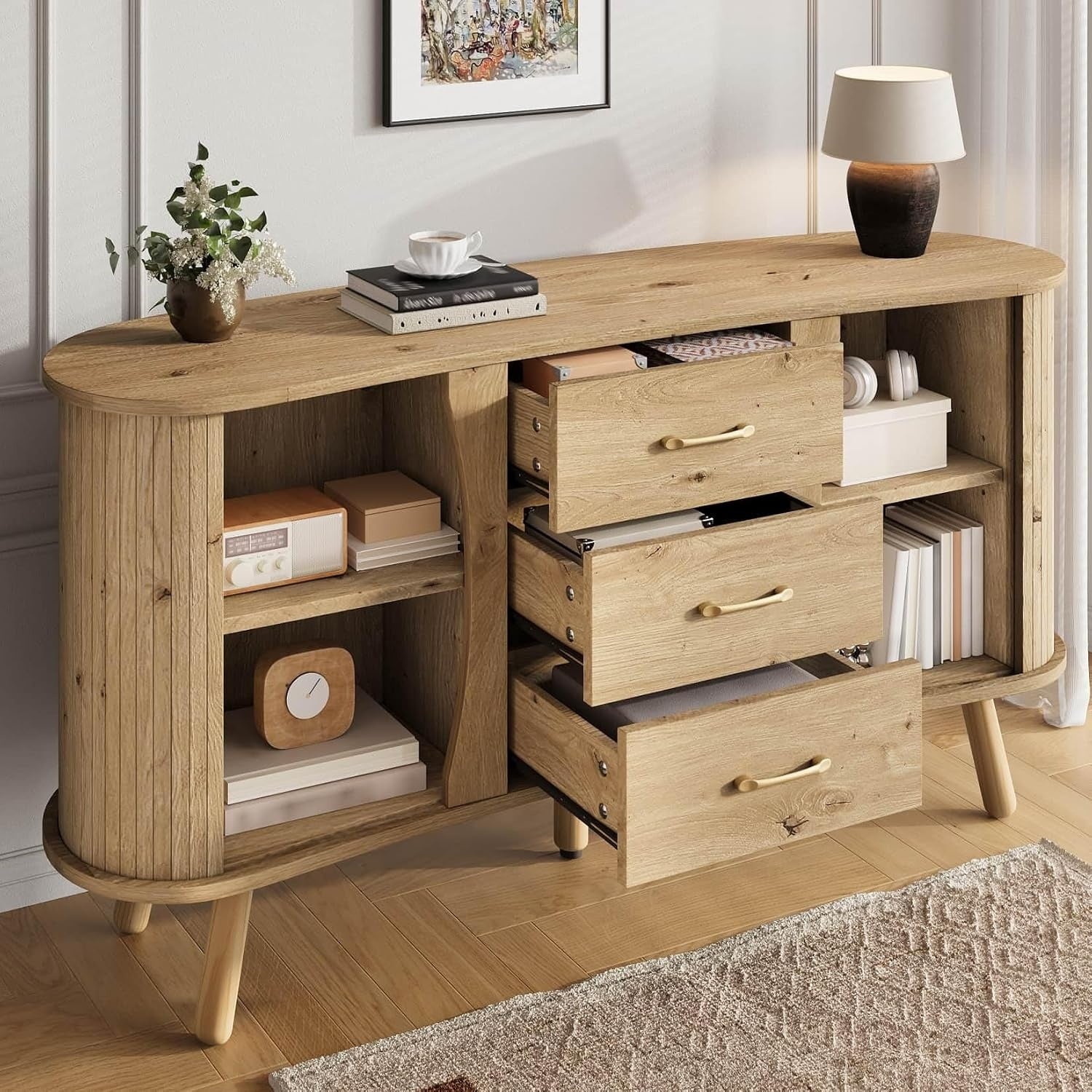 Meuble buffet cuisine 150 x 36,5 x 75 cm avec portes coulissantes, trois tiroirs et tablettes reglables, finition naturelle