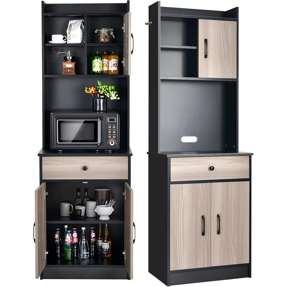 Armoire de cuisine haute 180 cm avec trois portes, tiroir et tablettes reglables, meuble securise avec systeme anti-basculement
