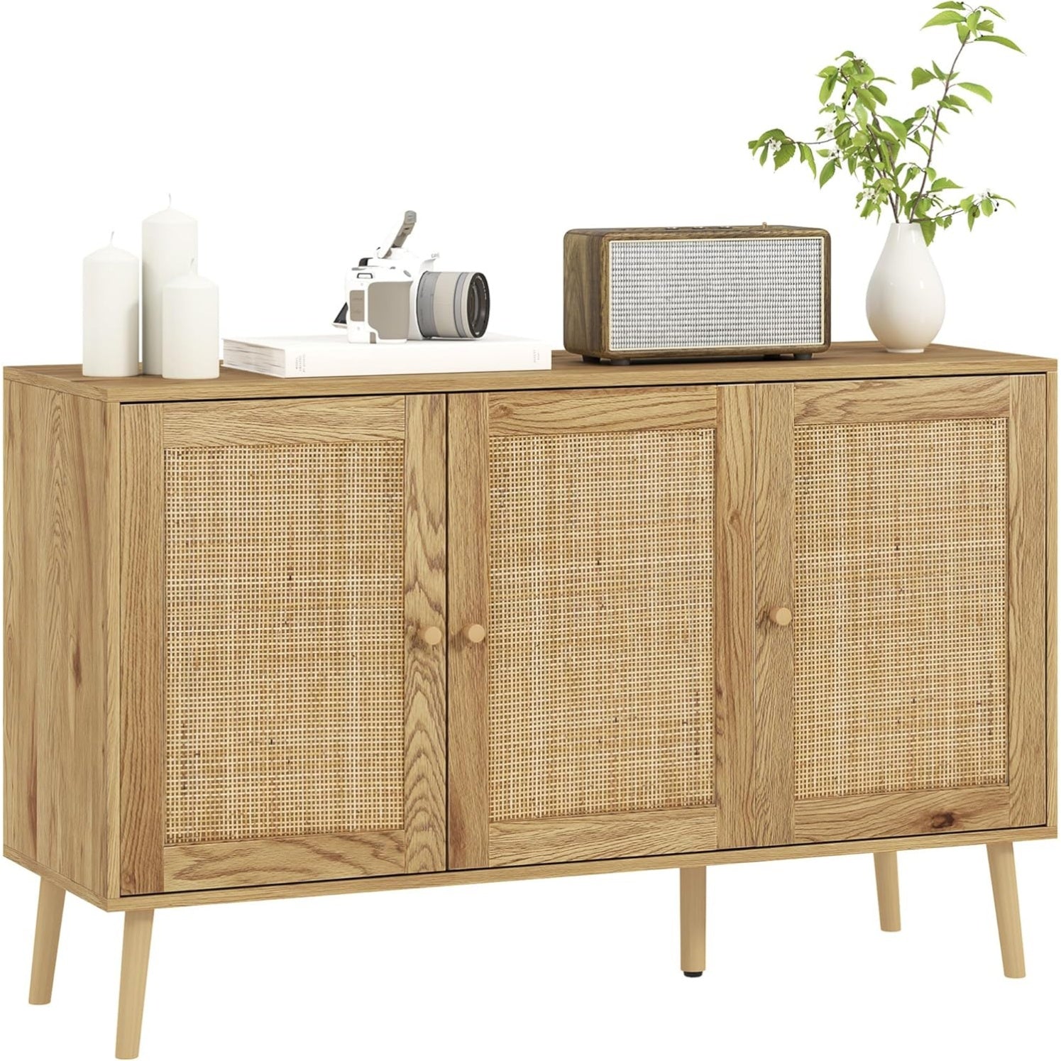Armoire de rangement basse 120 x 40 x 75 cm avec finition bois naturel, parfaite pour salon, salle a manger ou espace de vie