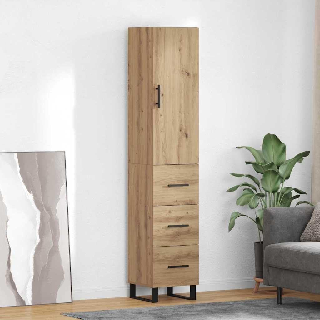 Colonne de rangement en chene artisanal 34,5 x 34 x 180 cm avec tiroir et porte, meuble moderne pour cuisine salon et salle a manger