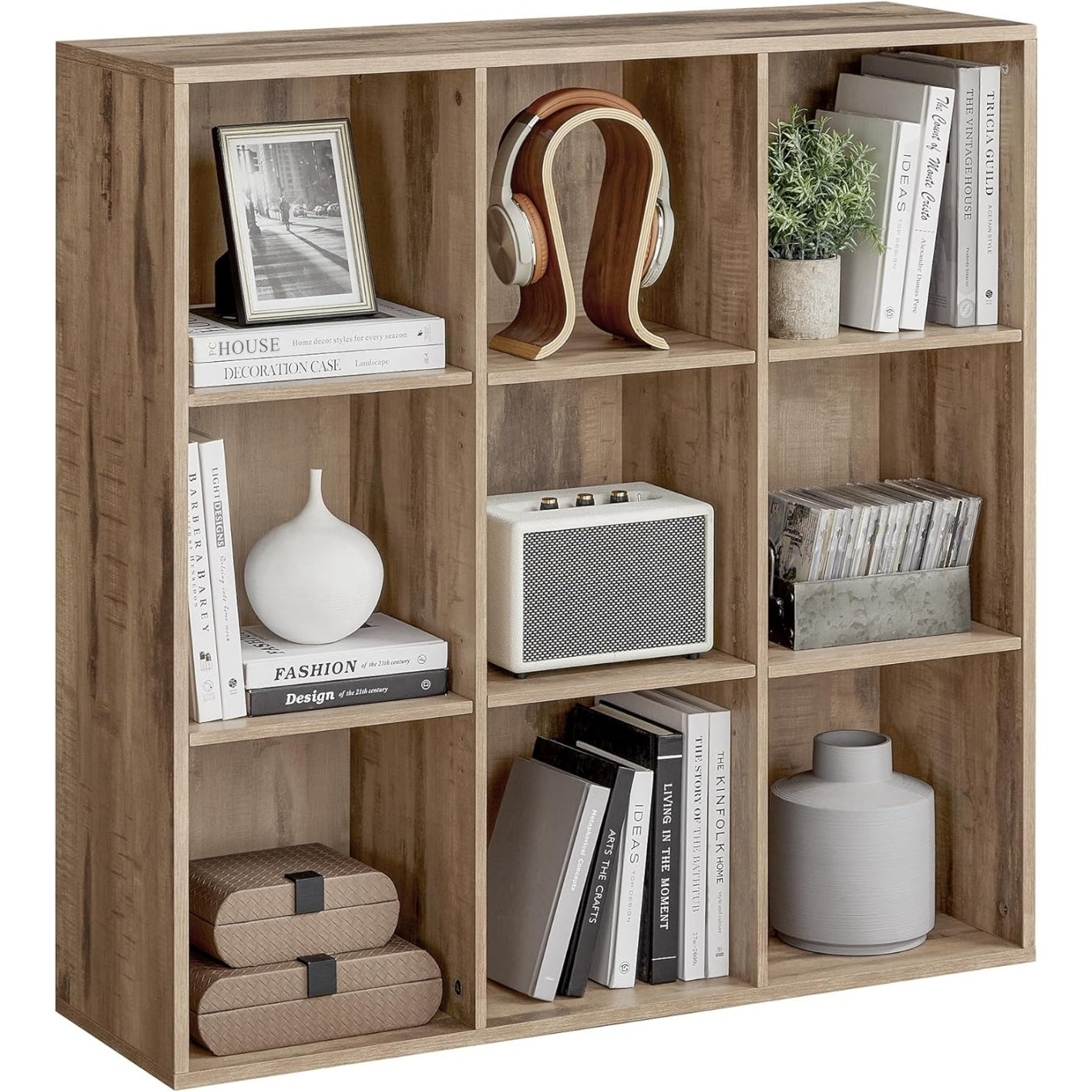 Bibliotheque cubique marron camel a 9 cases, rangement ouvert polyvalent pour livres, decorations ou accessoires