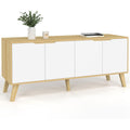 Buffet bas style scandinave 140 cm avec quatre portes, finition blanc et imitation bois hetre, rangement pratique