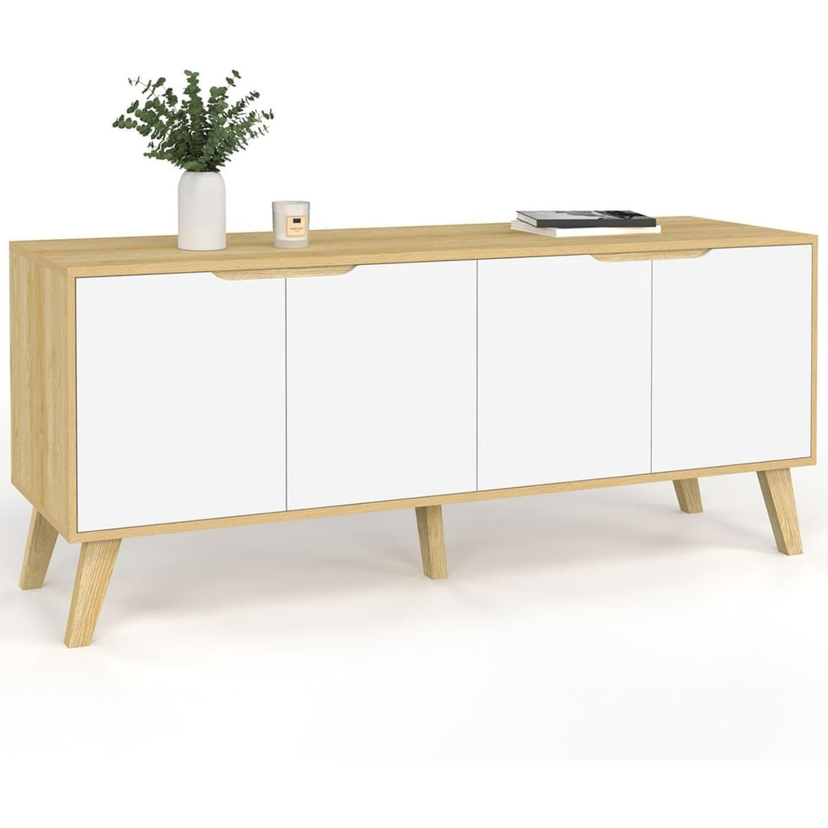 Buffet bas style scandinave 140 cm avec quatre portes, finition blanc et imitation bois hetre, rangement pratique