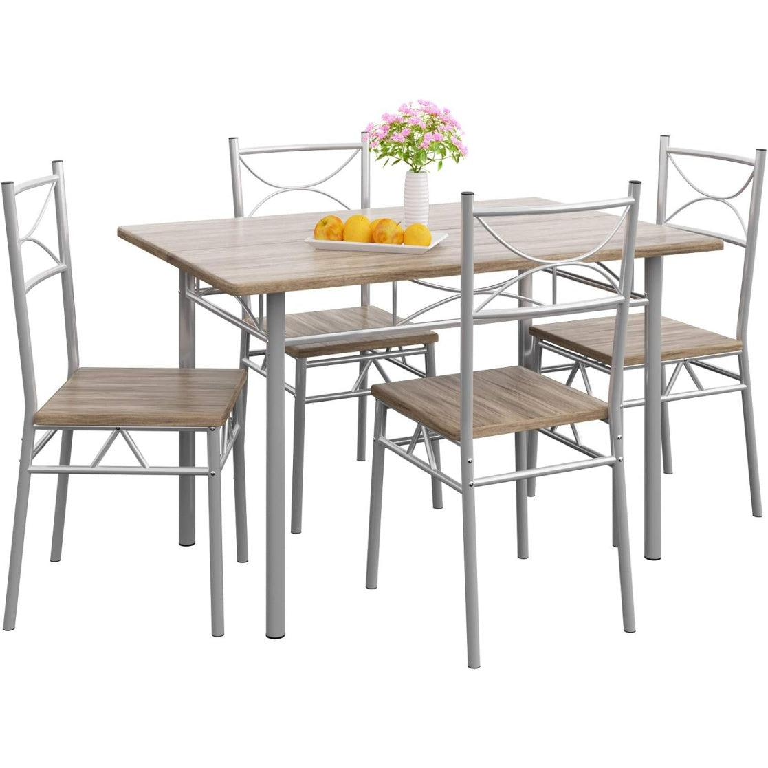 Table et quatre chaises de salle a manger finition chene, ensemble mobilier pratique pour interieur familial