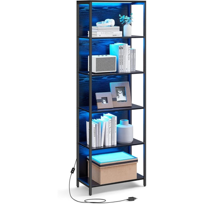 Bibliotheque noire effet bois avec LED reglable, six niveaux et cadre acier pour salon bureau ou chambre