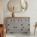 Buffet de rangement en bois massif 125 cm avec trois tiroirs et trois portes, style rustique pour interieur chaleureux