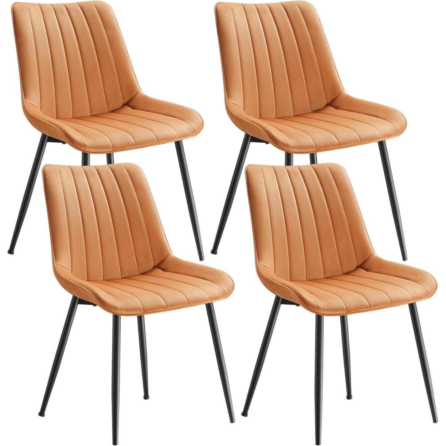 Quatre chaises marron caramel avec pieds en acier noir, soutien ergonomique et charge maximale de 120 kg