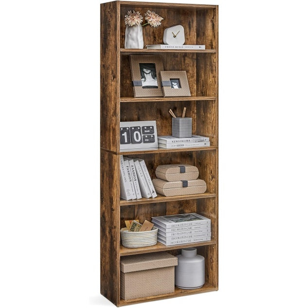 Etagere ouverte en bois effet rustique a six niveaux, rangement polyvalent pour livres et decorations