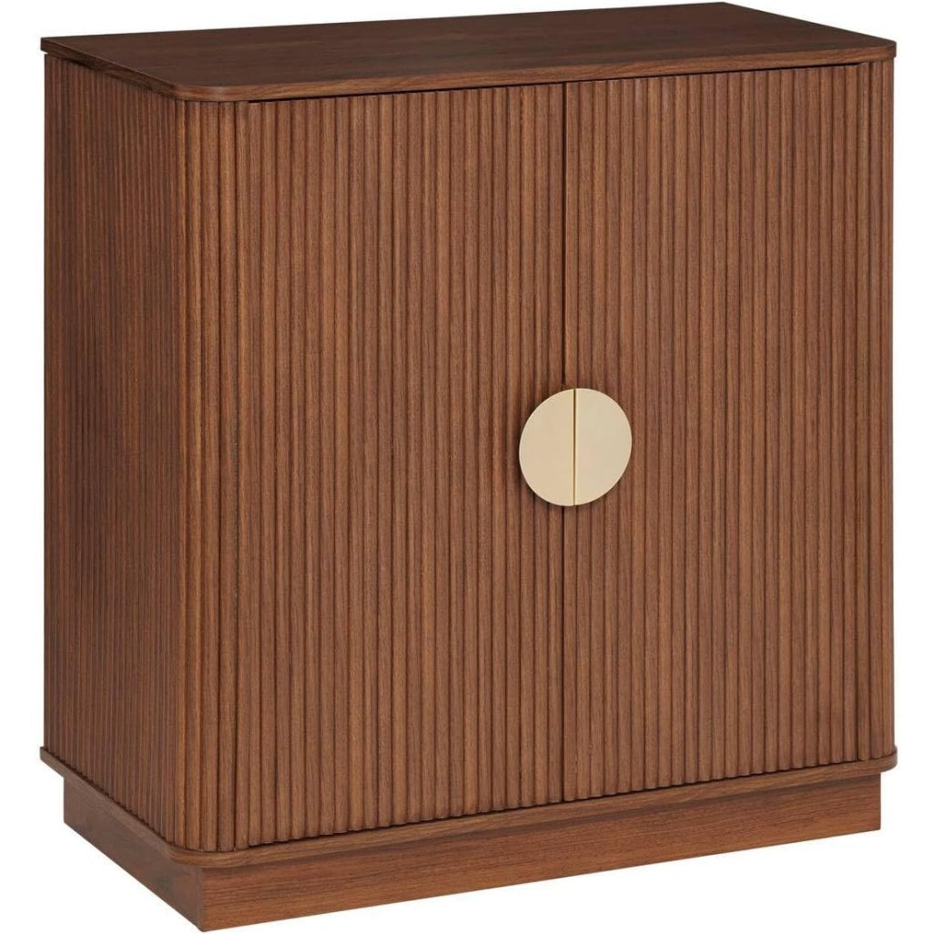 Buffet noyer 80 x 40 cm avec deux portes et une etagere, meuble decoratif avec poignees metalliques dorees