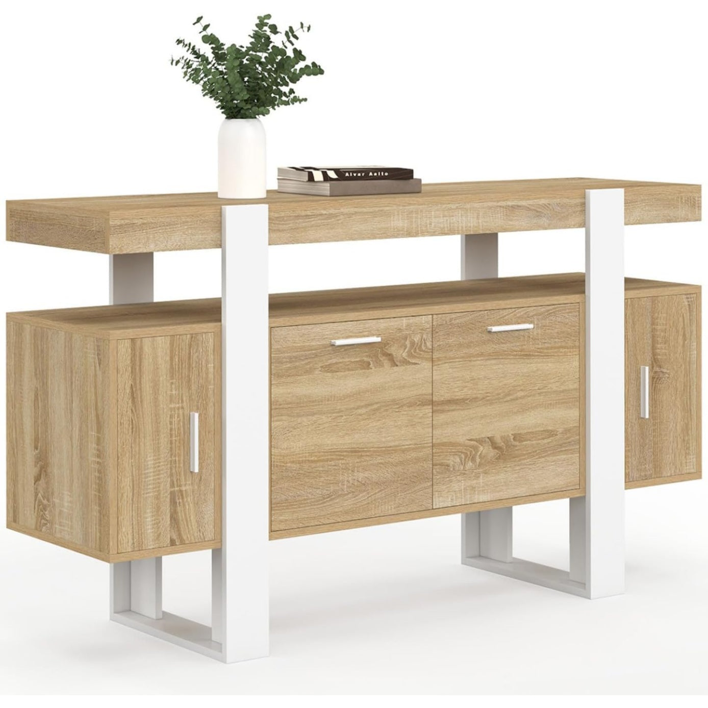 Buffet 140 cm blanc et bois avec quatre portes pour un interieur elegant et organise