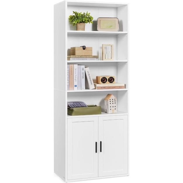 Grande etagere blanche verticale a 6 niveaux avec placard ferme pour salon, bureau ou espace de vie